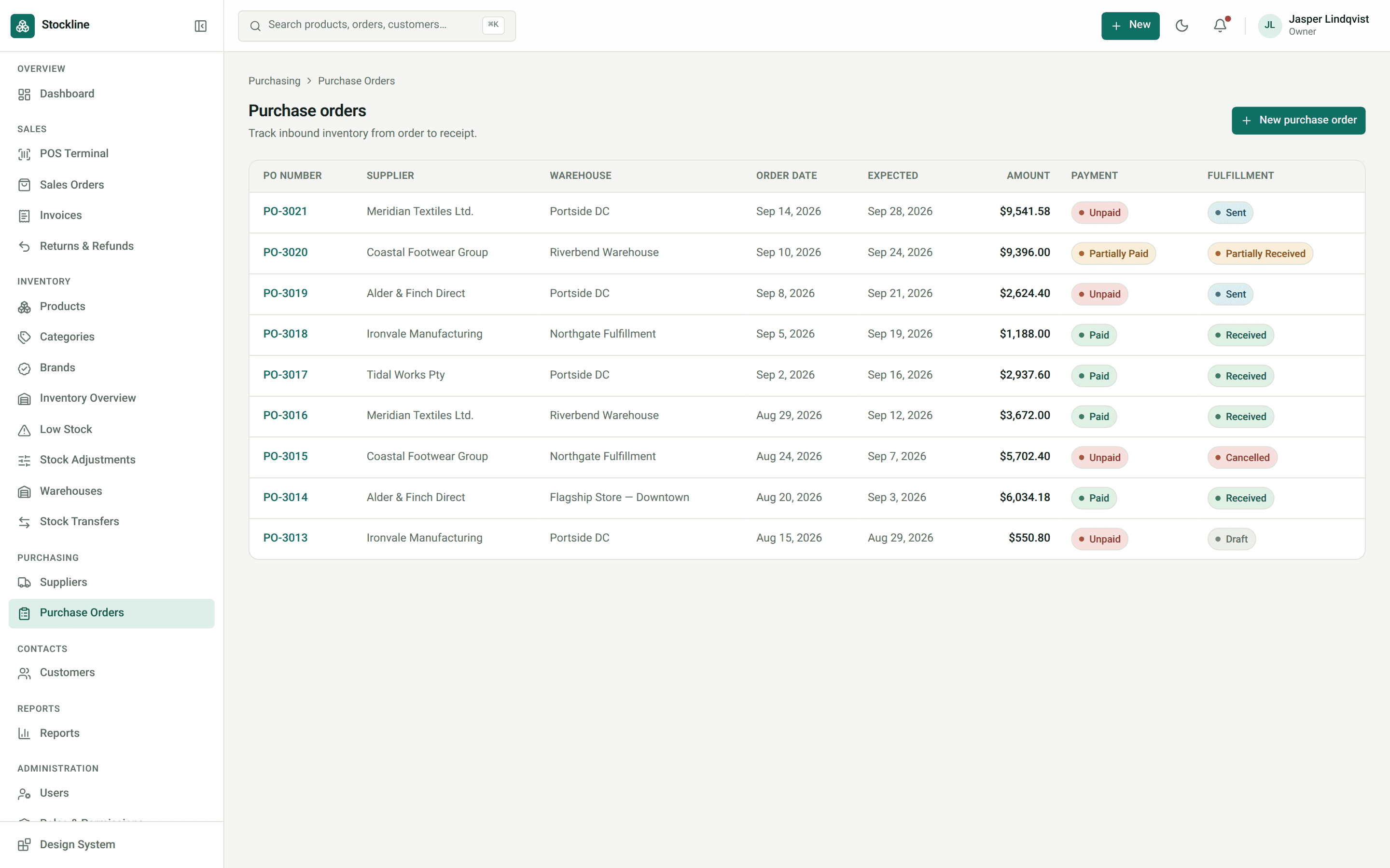 Stockline purchase orders list